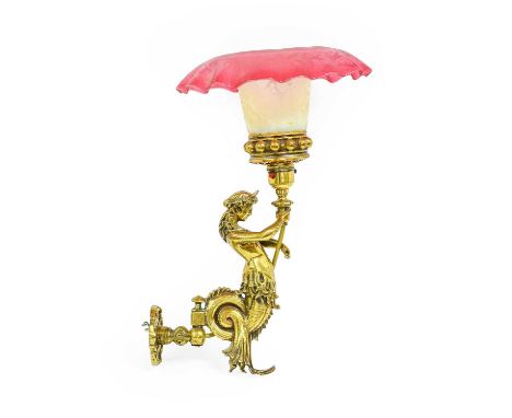A Gilt Bronze Figural Gas Wall Light, late 19th/early 20th century, possibly Richard Evered &amp; Son, as a mermaid holding a