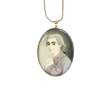 Circle of Andrew Plimer (1763-1837): Miniature Portrait of a Gentleman, bust length, wearing a powdered wig and lilac jacket,
