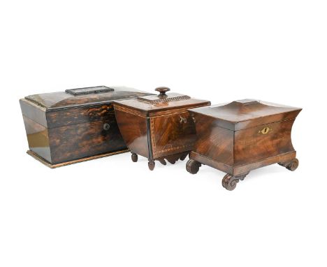 An Early Victorian Rosewood, Walnut and Parquetry Tea Caddy, of tapered rectangular form, the hinged cover set with a coloure