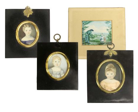 English School (mid 19th century): Miniature Portrait of a Child, bust length, with side parting and lace-trimmed blue dress,