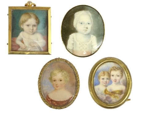 English School (early 19th century): Miniature Double Portrait of Two Children, bust length, wearing loose robes, on ivory, o