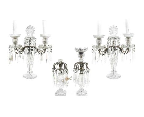 A Pair of Regency-Style Cut Glass Twin-Light Candelabra, with shell finials and urn-shaped sockets with circular drip pans hu