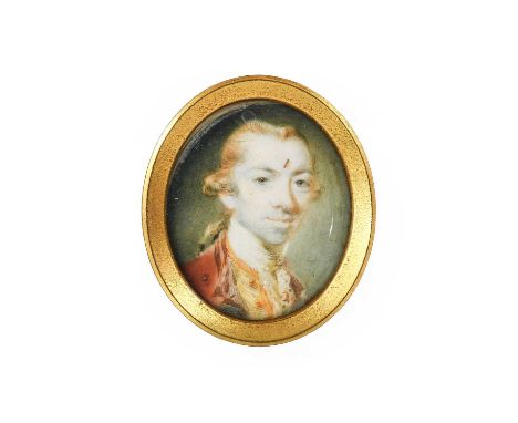 Attributed to Jeremiah Meyer (1735-1789): Miniature Portrait of a Young Gentleman, bust length, with ginger hair, wearing a w