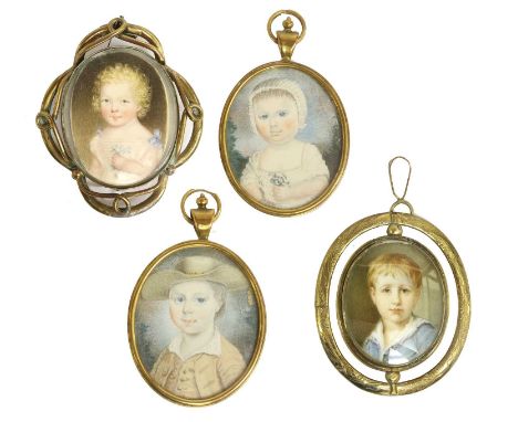 English School (early 19th century): Miniature Portrait of a Young Child, bust length, with blonde hair, wearing a blue ribbo