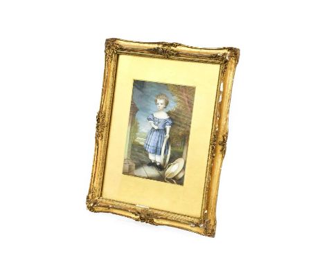 English School (early 20th century): Miniature Portrait of a Young Girl, in a blue dress holding a hoop, her hat at her feet 