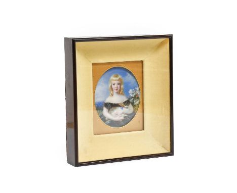English School (19th century): Miniature Portrait of a Girl, half length, with blonde hair and black dress holding a rabbit o