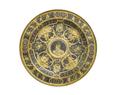 A Victorian Gilt and Patinated Electrotype Dish, in Renaissance style, with central bust portrait within four panels depictin