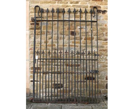 A Cast Iron Garden Gate, 19th century, with square tubular uprights uprights surmounted by fleur de lys finials, the uprights