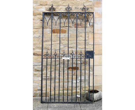 An Iron Garden Gate, late 19th century, the square tubular uprights supporting stylised motifs and fleur de lys finials, flan