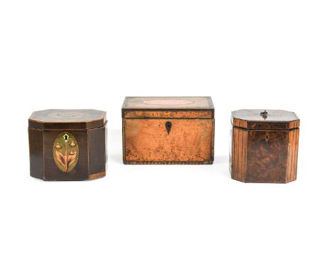 A Regency Partridgewood and Marquetry Tea Caddy, of canted rectangular form, the hinged cover with Prince of Wales' feathers 