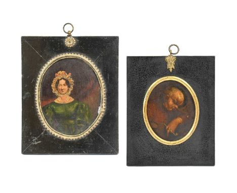 English School (18th century): Miniature Portrait of a Toper, half length, with a clay pipe in his left hand, oil on card, ov