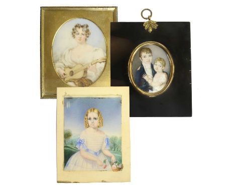 English School (mid 19th century): Miniature Portrait of a Lady, half length, seated wearing a white dress playing a guitar, 