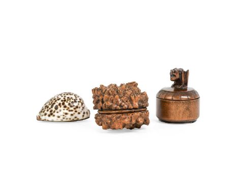 A Scottish Burr Wood Snuff Box and Cover, 19th century, of natural form9cm wideA Brass-Mounted Cowrie Shell Snuff Box, with h