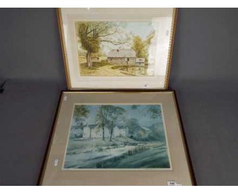 A watercolour landscape of a rural scene, signed lower left by the artist R. Delgado, mounted and framed under glass, approxi