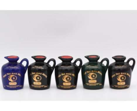 Signatory Vintage, five ceramic miniature decanters including:Port Ellen, 10 year old, single Islay malt Scotch whisky, 5cl, 