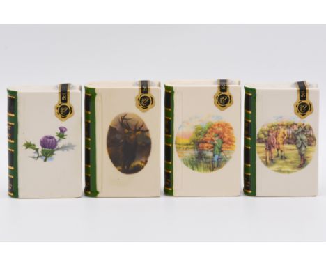 Seven assorted Rutherford's ceramic book decanters, blended Scotch whisky, including sporting pastimes, golf, fishing, green 