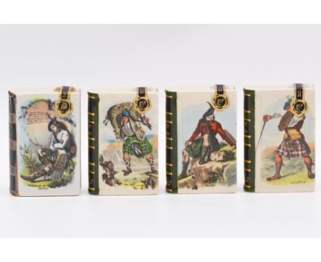 Eight assorted Rutherford's ceramic book decanters, blended Scotch whisky, famous Scotsman series, five brown and black spine