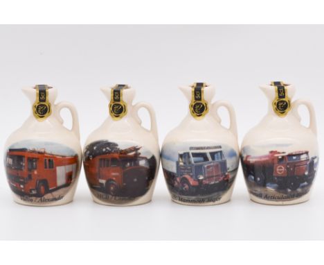 Twenty four assorted Rutherford's white ceramic decanters, blended Scotch whisky, including traction engines, fire engines, v