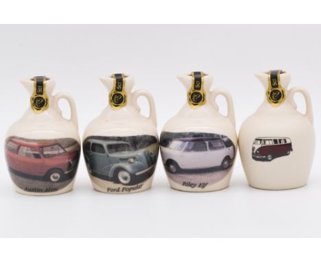 Twenty four assorted Rutherford's white ceramic decanters, blended Scotch whisky, including vintage motorcylces series, VW Co