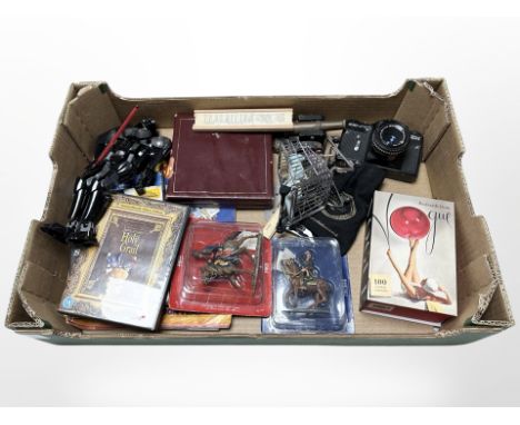 A box of various collectables, Zenit EM camera, vintage rule, model canon, Del Prado figures etc 