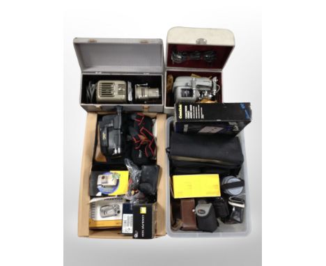 Two boxes of vintage and later cameras,  digital cameras, JVC video camera, Elmo projector in box and one other 