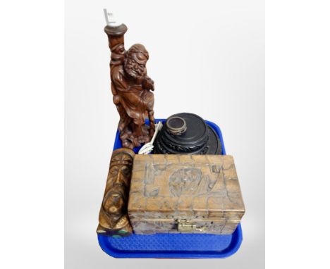 A Chinese carved hardwood figural lamp base, miniature camphorwood blanket box, several ebonised vase stands etc 