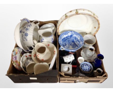 Two boxes of ceramic wash basins, Copeland Spode twin handled bowls, ceramics etc 