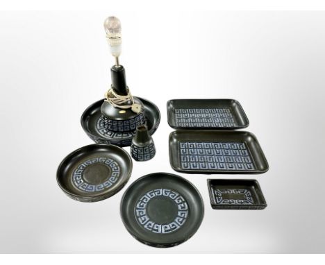 A 1970's Danish pottery lamp base with Greek key motif together with matching vase and six various dishes 