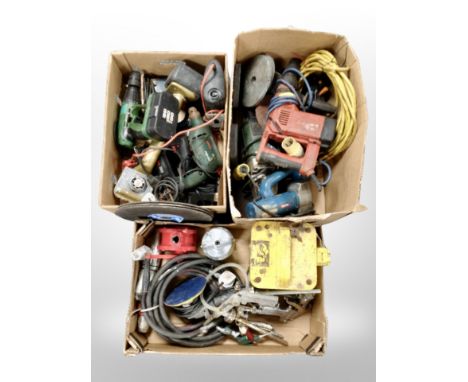 Three boxes of assorted power tools and saws etc 