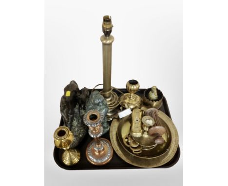 A group of brass wares, plates, lamp base, candlesticks together with resin figure of galloping horses etc 