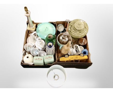 Two boxes of kitchen storage jars, lamp bases, contemporary ceramics, wooden ornaments 