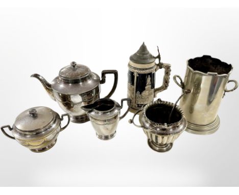 A silver plated bottle stand and further tea service, German pewter lidded stein etc 