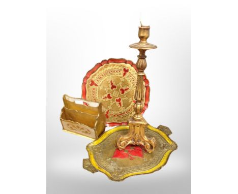 A gilt plaster lamp base together with two trays and a small correspondence rack 