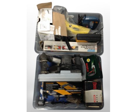Two crates of assorted power tools, 48 piece drill set, Karcher window vac, tile cutter, jigsaw