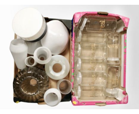 Two boxes of glass ware, light shades, kitchen storage jars etc 