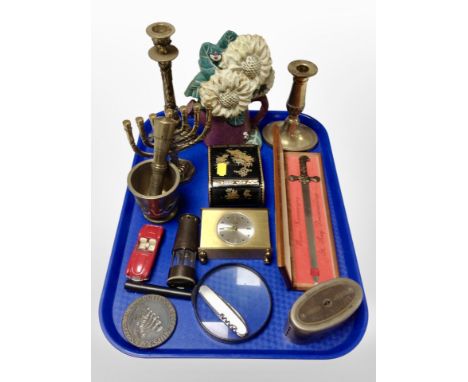 A painted cast iron door stop together with various candlesticks, pestle and mortar, miniature miner's lamp, pen knife etc 