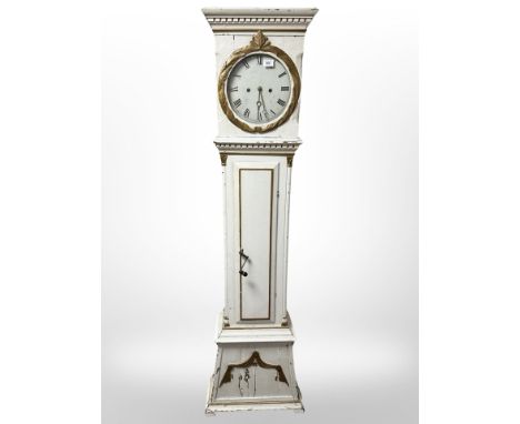 A 19th century Scandinavian painted and gilt longcase clock with pendulum and weights 