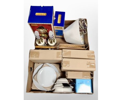 Two boxes of lamp base, vintage tennis racket, gilt framed prints, dinner wares etc 