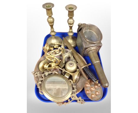 A group of metal wares, brass dagger, coaching lamp, pair of candlesticks, copper plate etc 