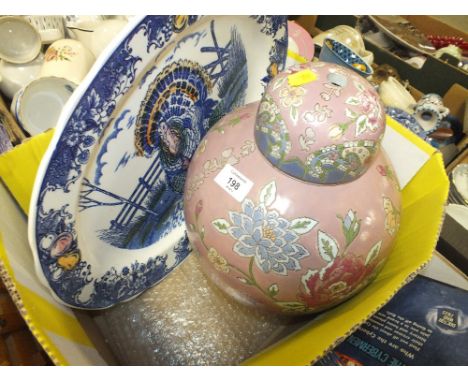 AN ORIENTAL GINGER JAR LAMP CONVERSION TOGETHER WITH A JAPANESE TURKEY PLATE