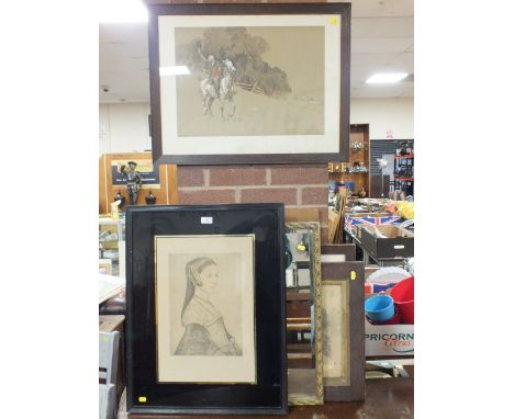 A COLLECTION OF PICTURES AND PRINTS TO INCLUDE ENGRAVINGS, OAK FRAMED HUNTING SCENES ETC