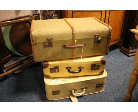 TWO VINTAGE SUITCASES & A BANDED TRUNK (3)