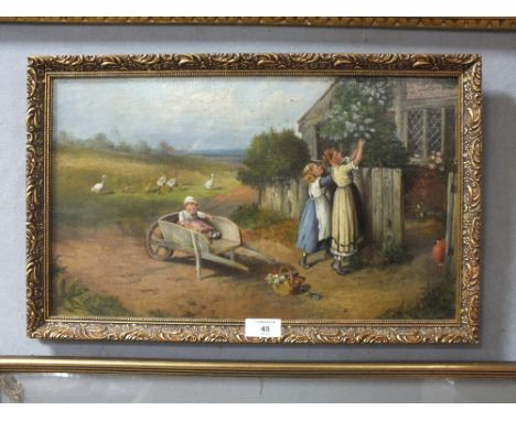 A FRAMED OIL ON BOARD DEPICTING COUNTRY COTTAGE SCENE WITH FIGURES AND GEESE