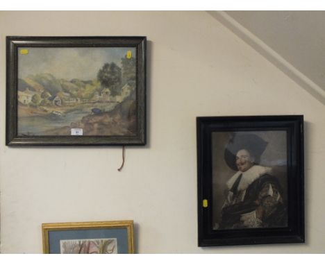 A FRAMED AND GLAZED OIL PAINTING DEPICTING A MOORING SCENE SIGNED H. TILDESLEY TOGETHER WITH A PRINTED PORTRAIT (2)  