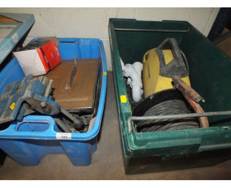 TWO BOXES OF TOOLS AND PARTS TO INC A KARCHER PRESSURE WASHER, POWER CRAFT SAW ETC
