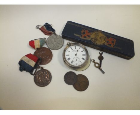 AN OPEN FACED MANUAL WIND POCKET WATCH, CORONATION TIN ETC