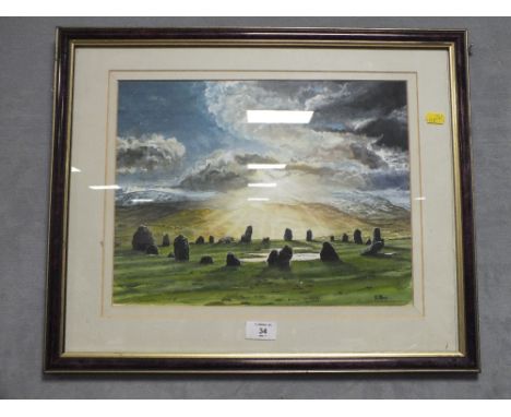 A  FRAMED AND GLAZED WATERCOLOUR OF CASTLE RIGG STONE CIRCLE SIGNED K BLOOR