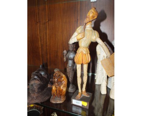 THREE CARVED TREEN FIGURES TO INCLUDE SHAKESPEARE TOGETHER WITH AN AFRICAN STYLE WALL HANGING MASK