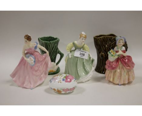 THREE ROYAL DOULTON FIGURINES TOGETHER WITH THREE OTHER CERAMIC ITEMS