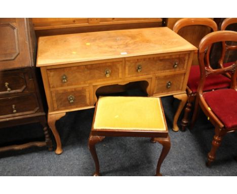 A WALNUT DRESSING TABLE / DESK WITH STOOL